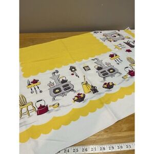 Vtg 1960s Country Kitchen Tablecloth Yellow Stove Utensils Kettle 46x46"